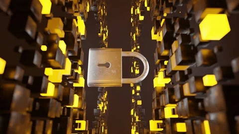 Metallic padlock floating in digital 3D environment made of abstract yellow Stock Footage 308982440