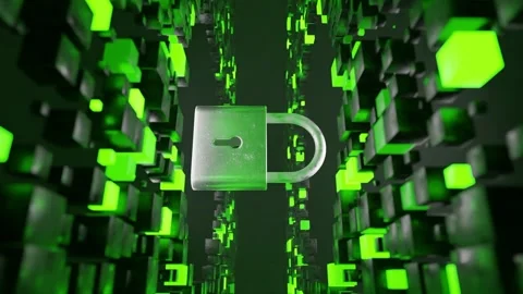 Metallic padlock floating in digital 3D environment made of abstract green Stock Footage 308982456