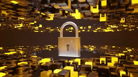 Metallic padlock floating in digital 3D environment made of abstract yellow Stock Footage 308982459