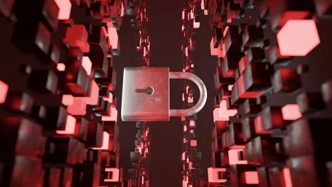 Metallic padlock floating in digital 3D environment made of abstract red Stock Footage 308982468