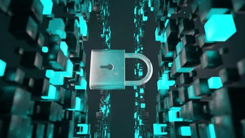 Metallic padlock floating in digital 3D environment made of abstract glowing Stock Footage 308982472