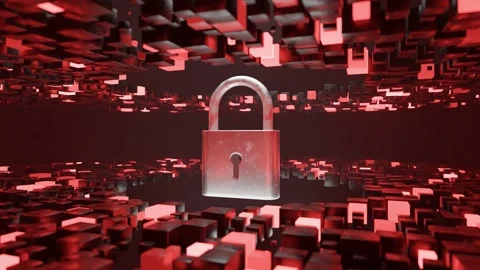 Metallic padlock floating in digital 3D environment made of abstract red Stock Footage 308986968
