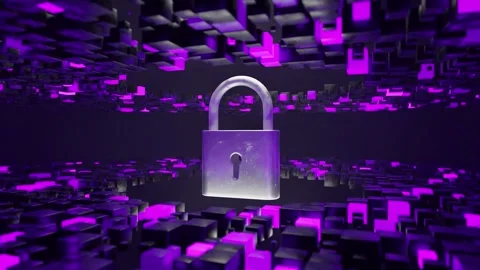 Metallic padlock floating in digital 3D environment made of abstract glowing Stock Footage 308987018