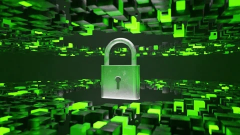 Metallic padlock floating in digital 3D environment made of abstract glowing Stock Footage 308987217