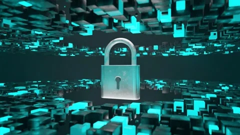 Metallic padlock floating in digital 3D environment made of abstract glowing Stock Footage 308987239