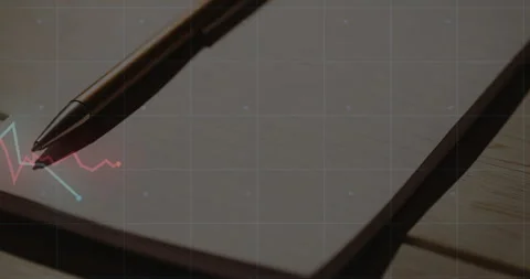 Metallic pen on notepad starting blue red lines animating fluctuations showing Stock Footage 313678397