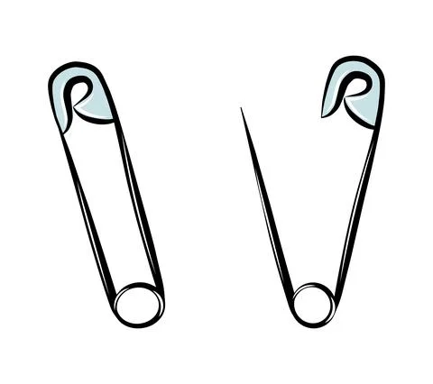 Metallic pin icon set, isolated graphic outline shape, sewing cartoon tool, e Illustrazione stock