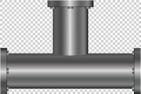 Metallic pipe T-joint fitting with flange connectors and bolt details on a .. Stock Illustration
