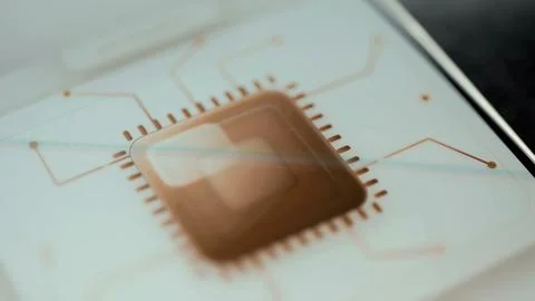 Metallic processor chip with AI styling connected to fine circuit traces Stock Photos