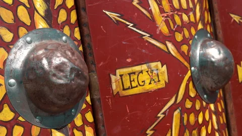 Metallic protective shields with LEG XI inscription, armour of powerful Roman Stock Footage 240426720