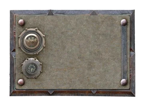 Metallic rectangular frame with vintage metal details and retro rivets. Isola Stock Photos