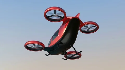 Metallic red self-driving passenger drone flying in the sky Stock Footage 81310970