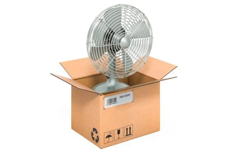 Metallic retro table fan inside cardboard box, delivery concept. 3D rendering Stock Illustration