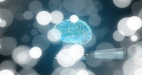 Metallic robot forearm entering right, holding hologram brain rotating, pulsing, Stock Footage 330717756