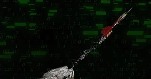 Metallic rocket launching in binary stream, with rocky surface, white trail, red Foto stock