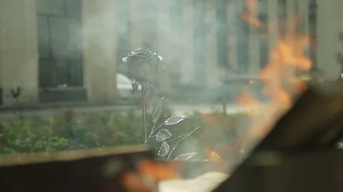 A metallic rose, forged by a blacksmith and a fire from a forge furnace Stock Footage 80865508