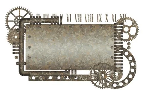 Metallic rusty frame with vintage machine gears and arabic numbers Stock Illustration