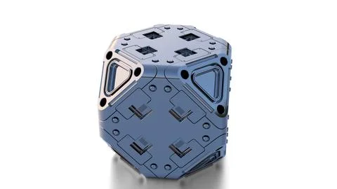 Metallic sci-fi cube on white background Illustrazione stock
