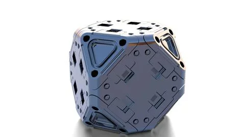 Metallic sci-fi cube on white background Stock Illustration
