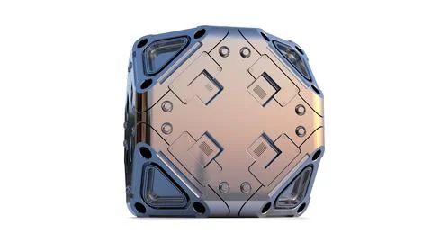 Metallic sci-fi cube on white background Stock Illustration