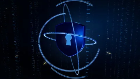Metallic Security Shield With Gyroscope HUD Rings And Floating Code Data Video stock 342912490
