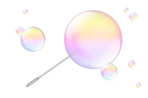 Metallic sewing needle piercing a large soap bubble, a bubble about to burst Stock Illustration