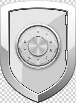 A metallic shield shape with a combination lock on its center, representing.. Stock Illustration