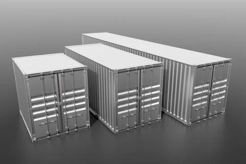 Metallic ship cargo containers 10 20 and 40 feet 3D illustration Illustrazione stock