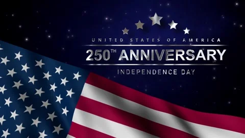 Metallic Silver 250th Anniversary Independence Day Title with Waving USA Flag Vídeo Stock 337395598