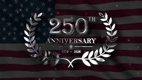 Metallic Silver 250th Anniversary Text and Laurel Wreath on Waving USA Flag 스톡 동영상 337296881