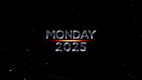 Metallic silver 3d text monday 2025 with glowing light and floating red ember Stock Footage 343576143