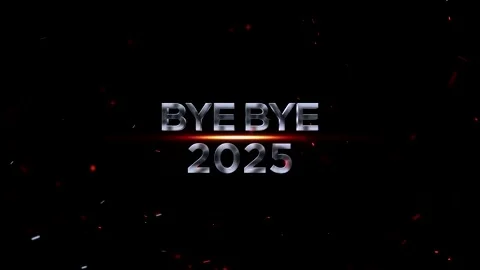 Metallic silver 3D text reading bye bye 2025 with glowing orange light and .. Stock Footage 343576144