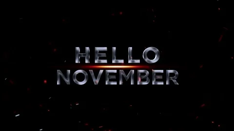 Metallic silver 3d text reading hello november with glowing orange light effe Stock Footage 343576204