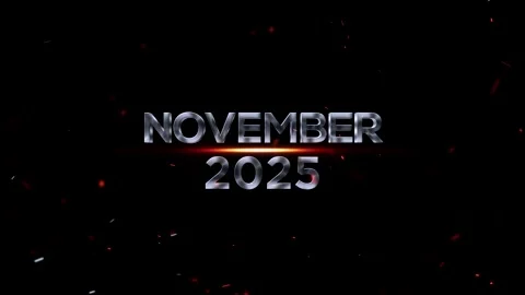Metallic silver 3D text reading November 2025 with glowing orange light and.. Vídeo Stock 343576248