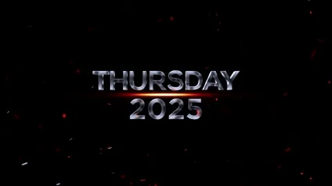 Metallic silver 3D text reading Thursday 2025 with glowing orange light flare Stock-Footage 343576259