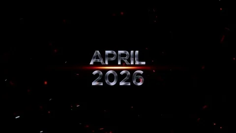 Metallic silver April 2026 text with glowing orange light effects and flyin.. Stock Footage 343576292