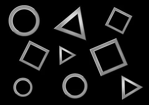 Metallic Silver Geometric Frames Set Circle Triangle Square on Dark Background Stock Illustration