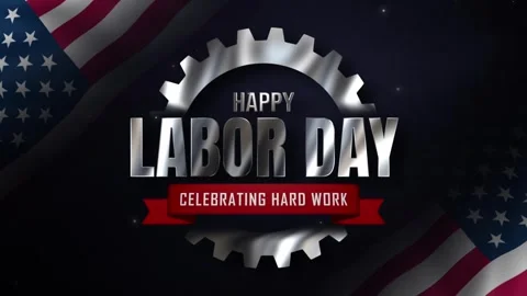 Metallic Silver Happy Labor Day Animation with Gear Badge and USA Flag Vídeos de archivo 342709952