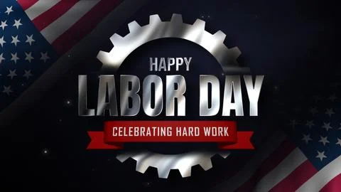 Metallic Silver Happy Labor Day with Gear Badge and USA Flag Stock Illustration