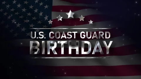 Metallic silver happy us coast guard birthday on USA waving flag Stock Footage 340416916