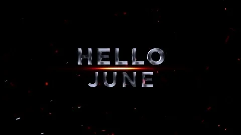 Metallic silver hello june text with glowing light and floating embers Video stock 343576311