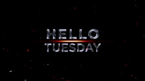 Metallic silver hello tuesday text with glowing light and embers Video stock 343576325
