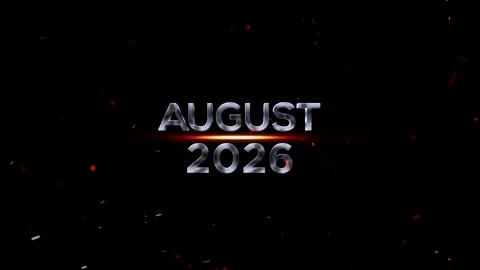 Metallic silver lettering of August 2026 with glowing horizontal light effe.. 库存影片 343576347