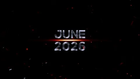 Metallic silver lettering representing June 2026 with glowing orange sparks.. Video stock 343576356