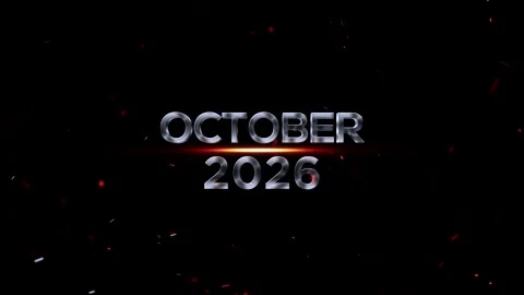 Metallic silver October 2026 text with glowing orange light and floating embe Stock Footage 343576353