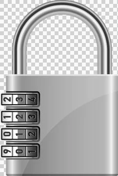 A metallic silver padlock with a four-digit combination lock is displayed a.. Stock Illustration