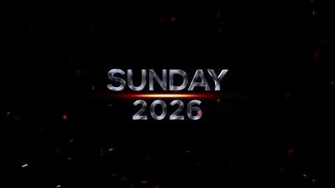 Metallic silver Sunday 2026 text with glowing orange light effects Stock-Footage 343576355