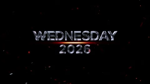 Metallic silver text displaying the day Wednesday and the year 2026 with gl.. Video stock 343576370