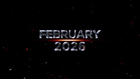 Metallic silver text displaying February 2026 with glowing orange light eff.. Video stock 343576360