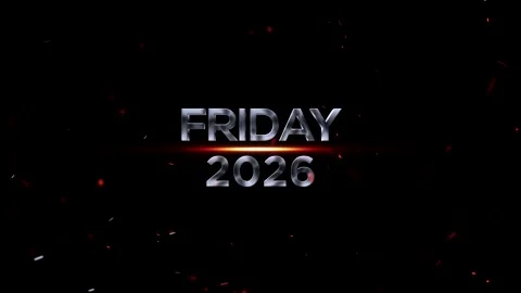 Metallic silver text displaying Friday 2026 with glowing orange light and f.. Video stock 343576365